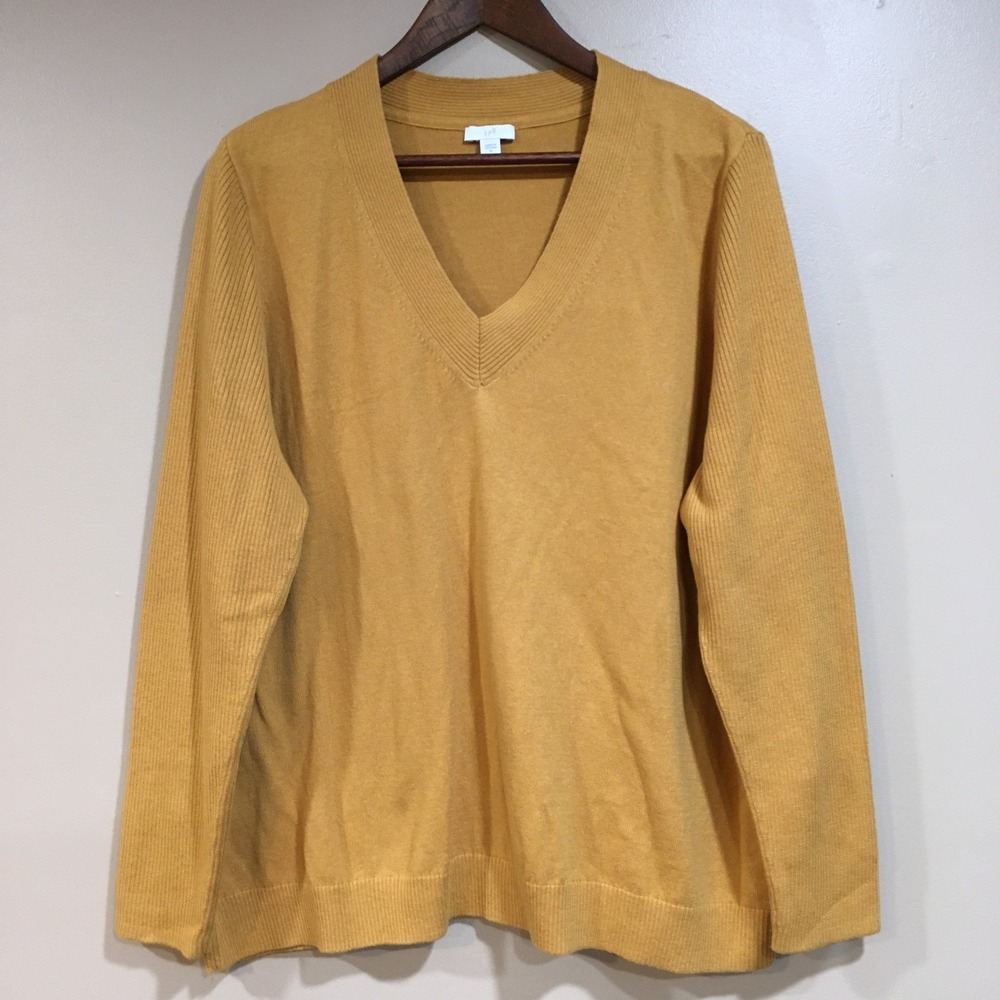 J Jill V Neck Sweater Womens XL Mustard Yellow Classic Casual Everyday Basic